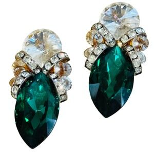 VTG green Austrian Crystal rivoli Earrings Jeweled sparkly Dangle clip chunky
